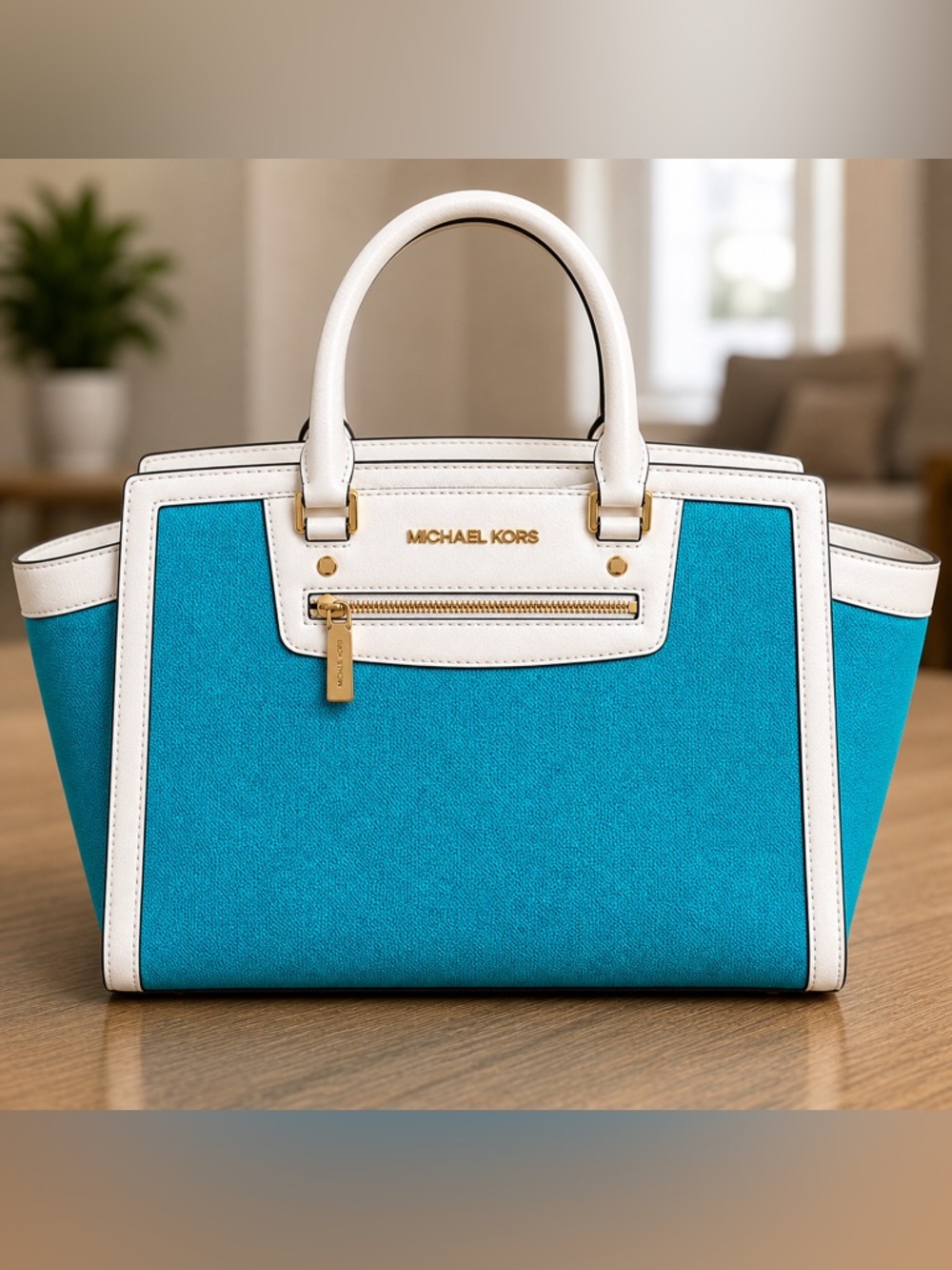 MICHAEL KORS Selma Top Zip Canvas Fabric Large Selma Blue & White Satchel Bag
